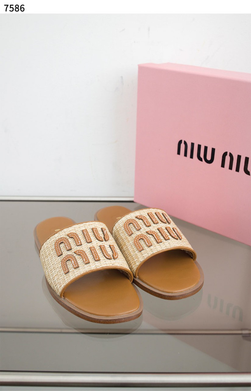 [MIU MIU] 수입고급 라피아 효과 우븐 패브릭 슬라이드