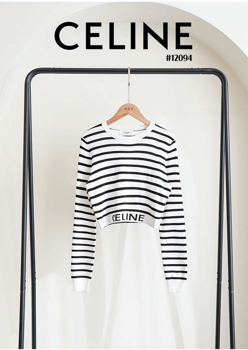 [CELINE] 셀린느 여성 스트라이프 레터링 크롭 티셔츠