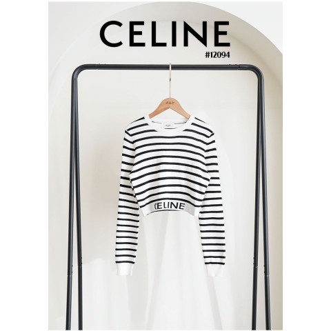 [CELINE] 셀린느 여성 스트라이프 레터링 크롭 티셔츠