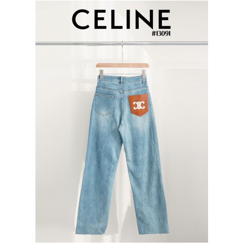[CELINE] 셀린느 여성 브라운 자수 레더 포켓 와이드 데님 팬츠