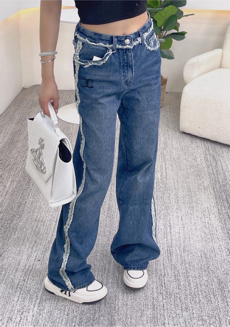 [CHANEL] 샤넬 수입 빈티지 블랙자수 그런지 와이드 데님 팬츠