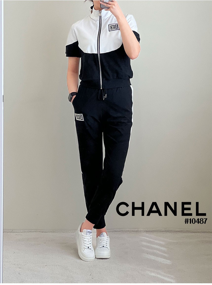 [CHANEL] 샤넬 여성 투톤 배색 반팔 집업&조거셋