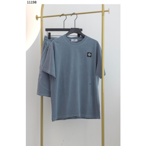 [STONE ISLAND] 스톤아일랜드 수입고급 가먼트다이드 블랙 로고 패치 숏 슬리브 코튼 티셔츠 & 와펜 패치 버뮤다 팬츠 셋